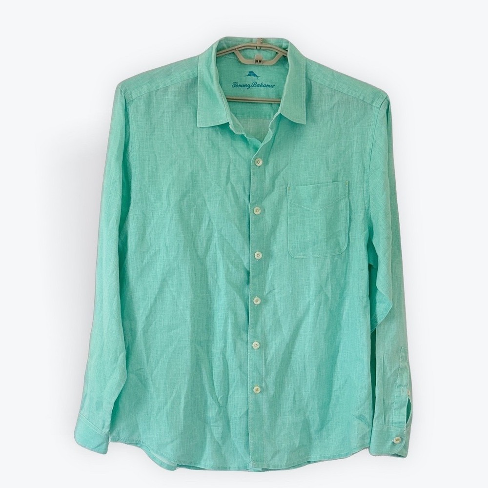 Tommy Bahama Mens Aqua Green 100% Linen‎ Long Sleeve Button Down Shirt Large